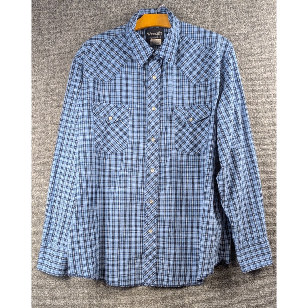 Vintage Wrangler Shirt Mens XL Blue Plaid Western Pearl Snap Cowboy Rodeo 90s